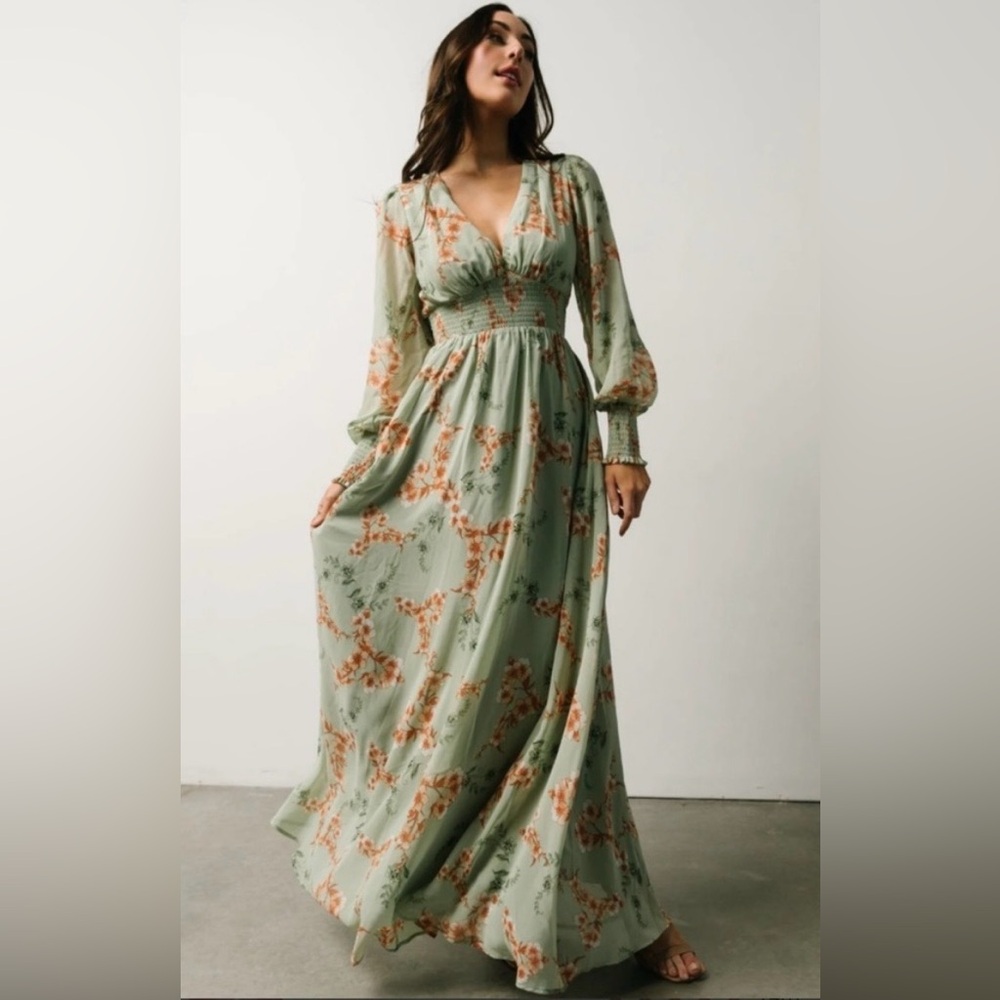 Baltic Born Olivia Sage Green Floral Maxi Dress with Rust Accents